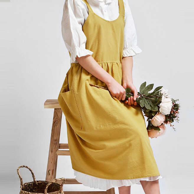 린넨코튼 무지 원피스형 레이디 앞치마, 머스타드, 1개
