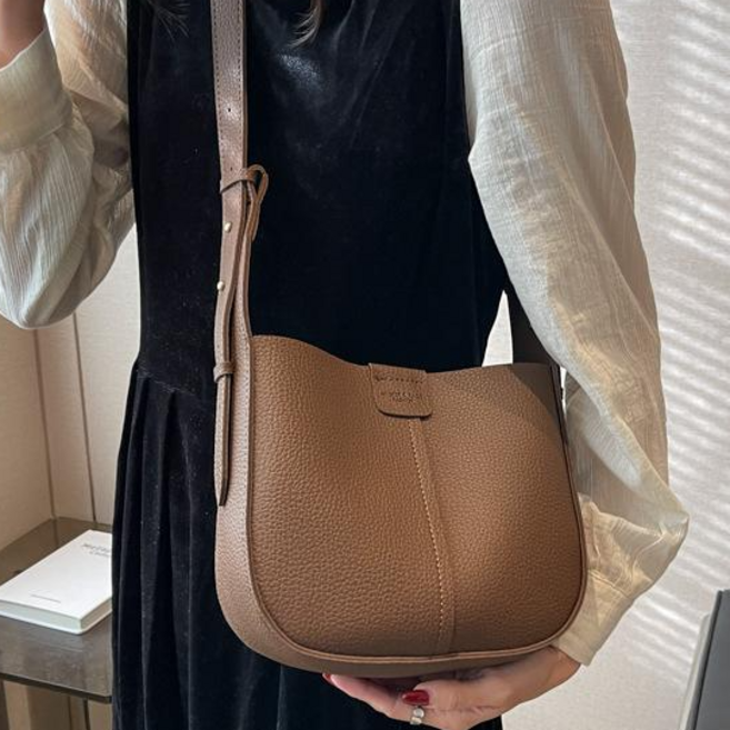 MIQIER & BAGS FASHION 荔枝紋軟皮革子母包 側背包 斜背包, 深咖