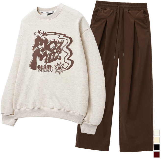 모즈모즈 트윙클 오버핏 맨투맨 + 코듀로이 원턱 와이드 팬츠 세트