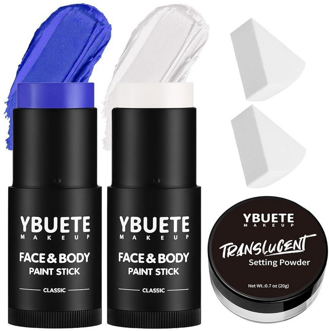 YBUETE 화이트 블루 페이스 바디 페인트 스틱 트 반투명 팅 파우더 스폰지 포함 전문가용 풀 커버리지 페인팅 성인용 할로윈 코스프레 SFX 아바타 시체 신부 해골 메이크업, 화이트+블루