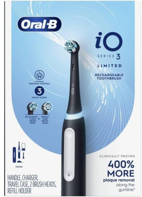 Oral B iO 시리즈 3 리미티드 에디션 전동 칫솔 및 브러시 헤드 2개 압력 센서 충전식 블랙, Black, 1개