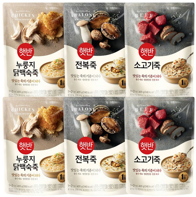 비비고 파우치 죽 420g (누룽지닭백숙죽2+전복죽2+소고기죽2), 1세트