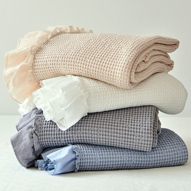 몽뜨락 모달코튼 와플 프릴 여름 홑이불 스프레드 이불, 블루