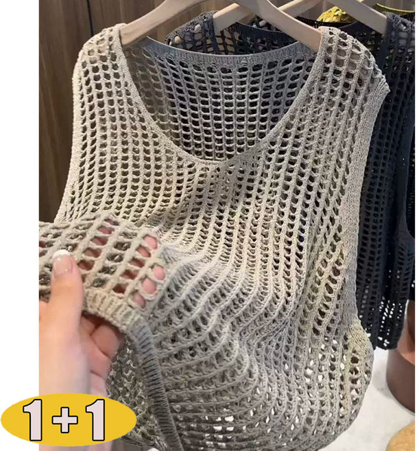 1+1 여성 펀칭 니트 조끼 여름 얇은 라운드 민소매 메쉬 티셔츠 베스트