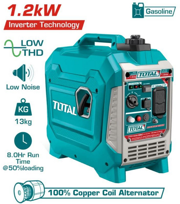 TOTAL 1.2kW 逆變頻超靜音汽油發電機 13kg 8.0Hr 運行時間, 1個