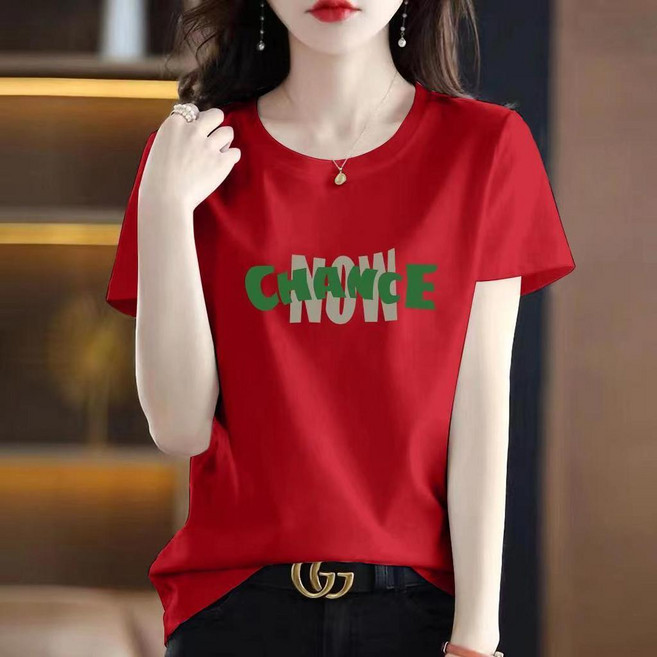 寬鬆印花圓領短袖T恤，夏季中年媽媽新款上衣，大碼女裝