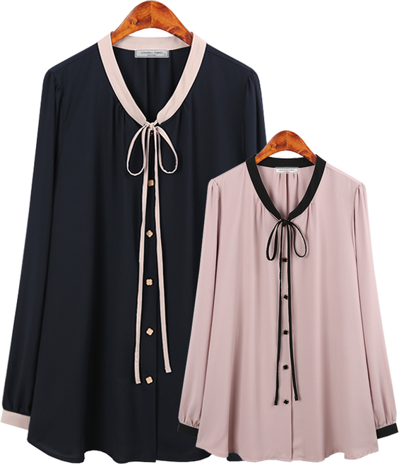 허밍퍼플 여성용 4506-몬티 꽃단추 BL 빅사이즈 긴팔 블라우스 리본 끈 배색 색감 좋은 날씬한 결혼식 여성의류