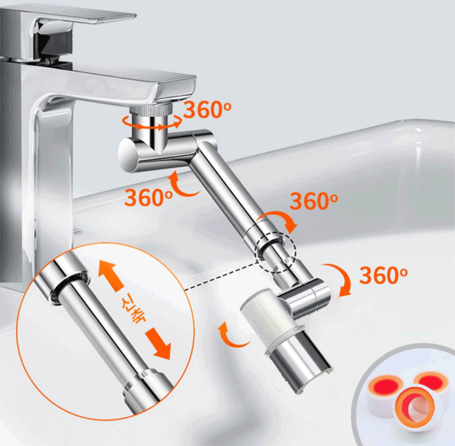 ANTIFLOW 세면대 수도꼭지 연장탭 회전식 워터탭 수도꼭지 신축로봇팔 2중분사 모드 1440도회전, 1개