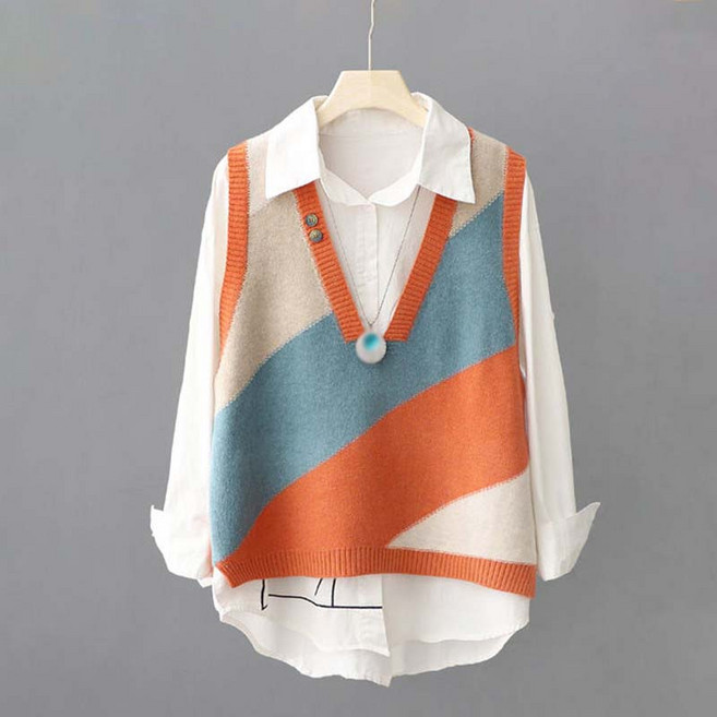 봄가을 여성 오버핏 컬러 블록 브이넥 민소매 니트 풀오버 조끼 캐주얼 데일리 루즈핏 레이어드 베스트
