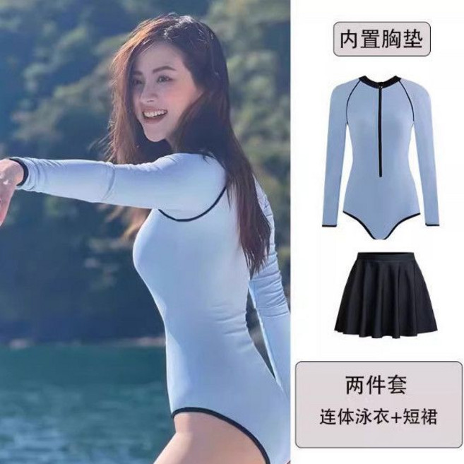 女款連體長袖泳衣 防曬速乾 抗UV, 藍色2件套（配裙子）,L, 藍色