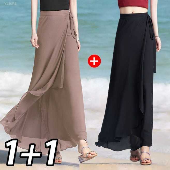 YLEMI 1/1+1 여성 롱 랩 스커트 여름 캐주얼 바지 스커트