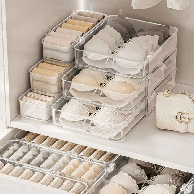 Shipshape 다용도 투명 신축식 속옷 정리함 양말 수납함 라지 2개 + 스몰 1개 세트, 투명색