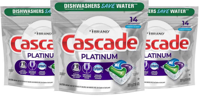 Cascade 플래티넘 액션팩 프레시 식기세척기용 세제, 221g, 3개