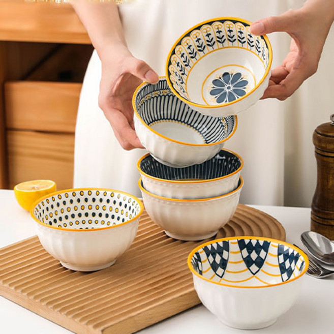 니치유 북유럽 도자기 예쁜 밥그릇 세트, 6개, 340ml, 혼색