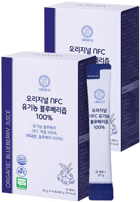 아르디엠 오리지널 NFC 유기농 블루베리즙 100% 14포, 2박스, 280g