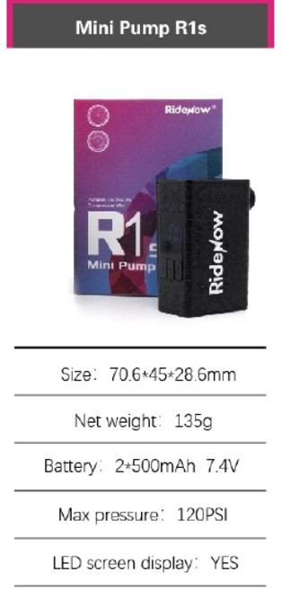 RideNow 迷你電 打氣機 電子打氣筒 MINI PUMP R1S 有螢幕 最大胎壓120PSI 方便放到坐墊包裡面, 1個, MINI PUMP R1S迷你電⼦打氣機