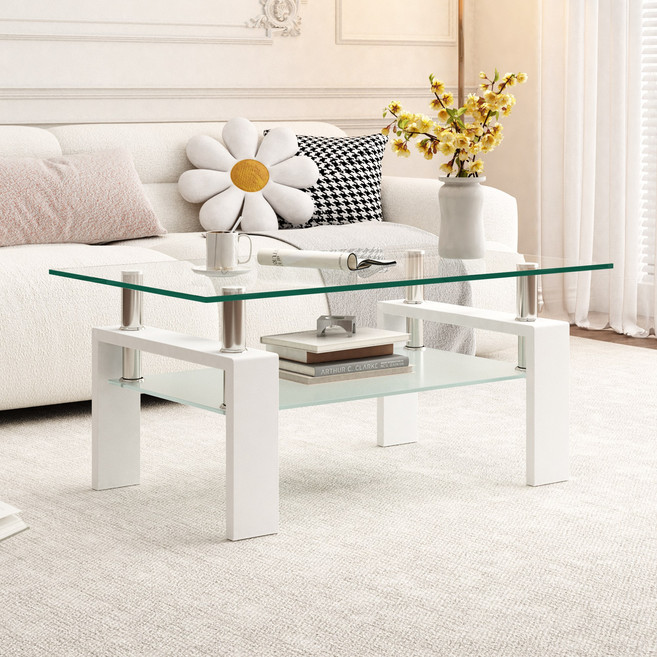 거실 소파테이블 2단 강화유리 예쁜 거실 테이블, 화이트+투명