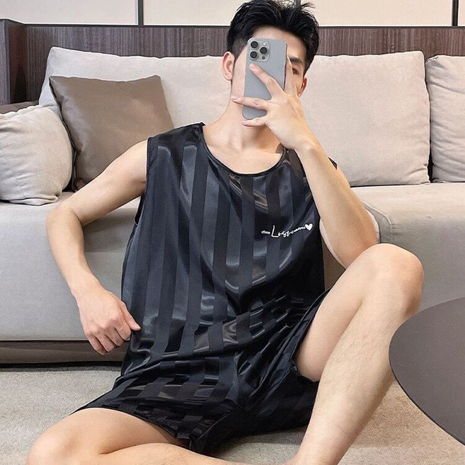 男士夏季冰絲無袖背心短褲家居服套裝, 1個, 黑條紋2XL