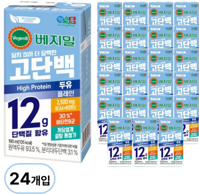 정식품 베지밀 저당 무설탕 고단백 플레인 두유, 24개, 190ml