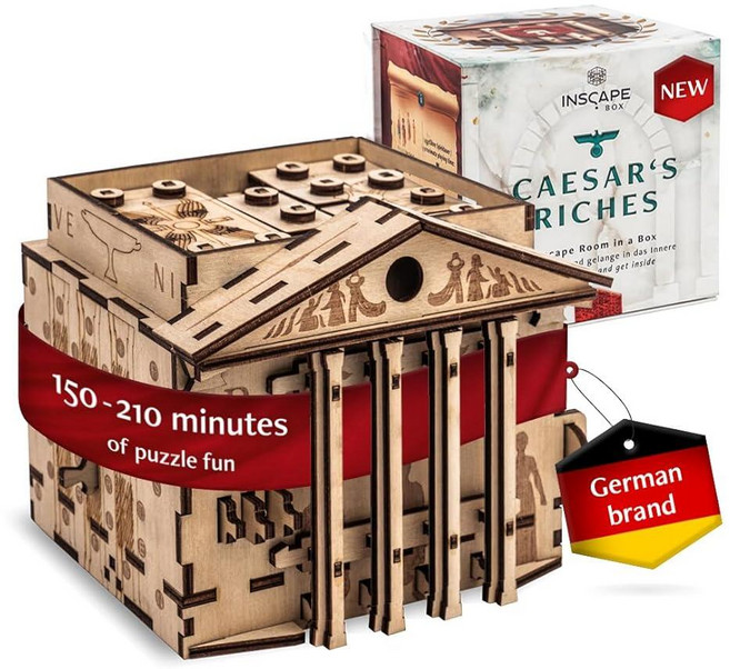INSCAPE Caesar´s Riches 퍼즐 박스 - 클루박스 - 성인용 상자에 담긴 나무 탈출 방 - 마인드 퍼즐 - 숨겨진 칸이 있는 퍼즐 박스 - 남성 및 여성용 생