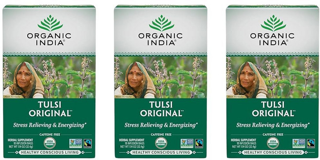 유기농 인도 3팩 툴시 오리지널 허브 티 - 홀리 바질 | 아프리카 진정 및 스트레스 해소 차 면역 지원 USDA 인증 비유전 유전자 변형 식품 카페인 없음 18개의 인퓨전, 2.1g