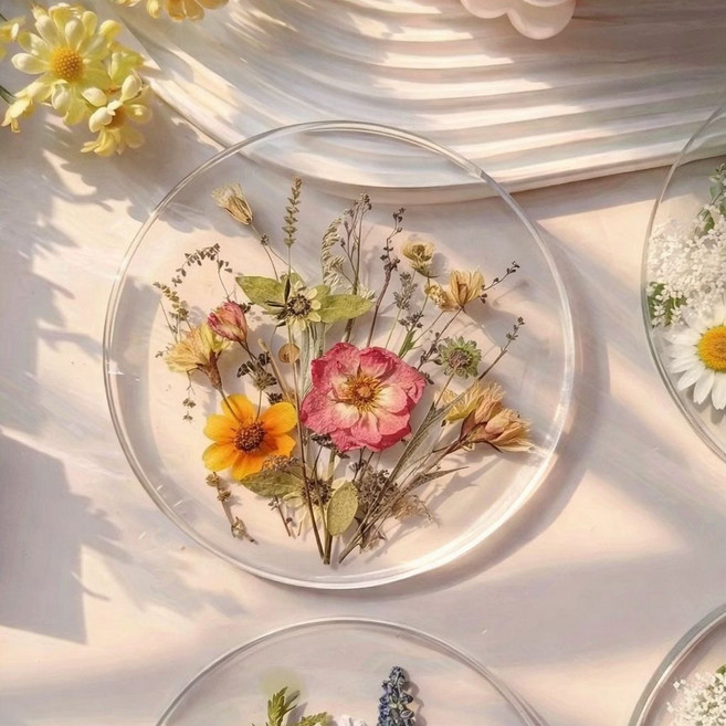 컵받침 투명 아크릴 티타임 포토 카페 테이블 꾸미기 플라워, 원형 레드꽃 2입