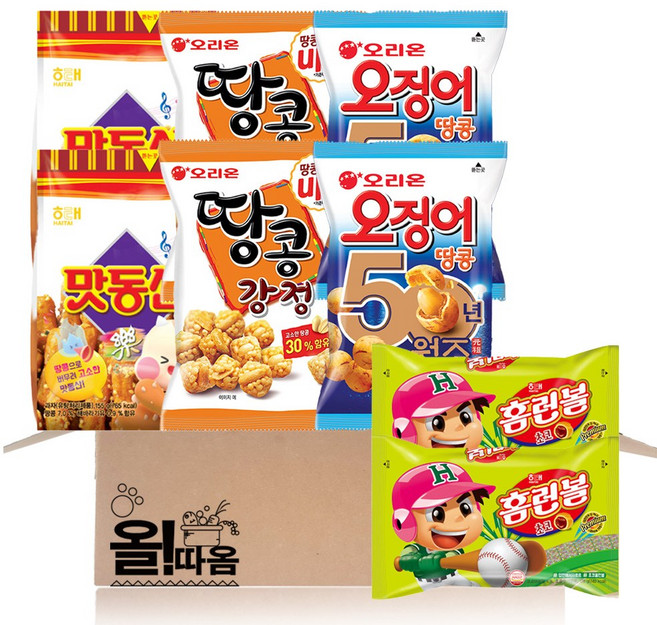 올따옴 주전부리 스낵 4종 2개씩 기획세트 1호(맛동산165g+오징어땅콩 202g+땅콩강정 147g+홈런볼 128g), 1세트, 1.284kg
