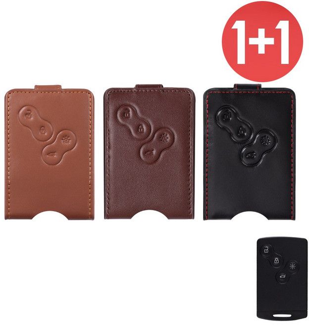 바이어블 1+1 르노 삼성 4버튼 천연 소 가죽 스마트키 케이스, 브라운+카멜
