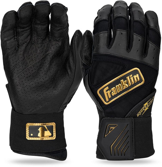 Franklin Sports MLB 배팅 장갑 - 인피니트 파워스트랩 야구 + 소프트볼 배팅 장갑 - 내구성 있는 풀 랩 케이지 연습 장비 - 롱 커프 손목 + 튼튼한 가죽 -, 블랙/골드