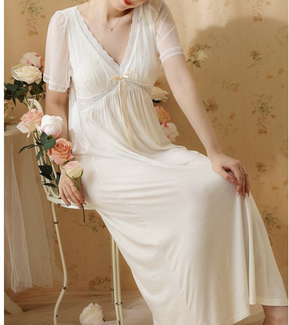 드망쉬 쉬폰 반팔 원피스 잠옷 여성 공주 실내복 예쁜 여름 홈웨어