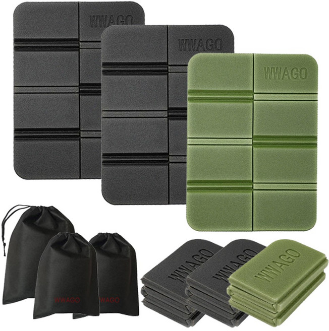 와고 휴대용 등산 방석 3개 친환경 초경량 1인용 미니 한강 축제 엉덩이방석, 블랙 블랙 카키