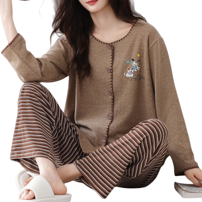 Makone 여성 가을 겨울 심플 라운드넥 파자마 스트라이프 잠옷 상하의 세트