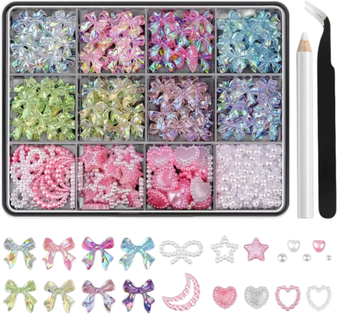 대용량 리본 하트 네일 파츠 세트 셀프 네일아트 큐빅 장식 꾸미기, 1개, B얼음파츠