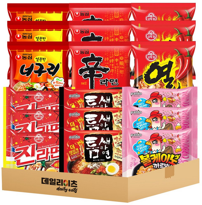[데일리이츠] 맵부심 봉지라면모음 6종 3개씩 18개 세트 (신라면 너구리얼큰 진라면 열라면 틈새라면 너구리얼큰 볼케이노까르보나라), 1세트
