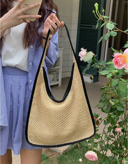 MDMS 編織包，海灘度假風大容量托特包，休閒百搭寬肩帶單肩草編包