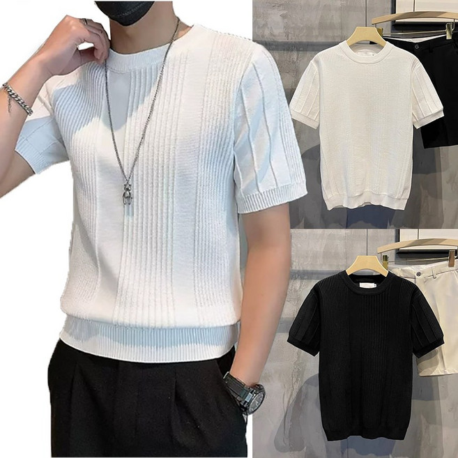 남자 반팔니트 라운드넥 스타일 반팔스웨터 골지카라티 스판원단 레귤러핏