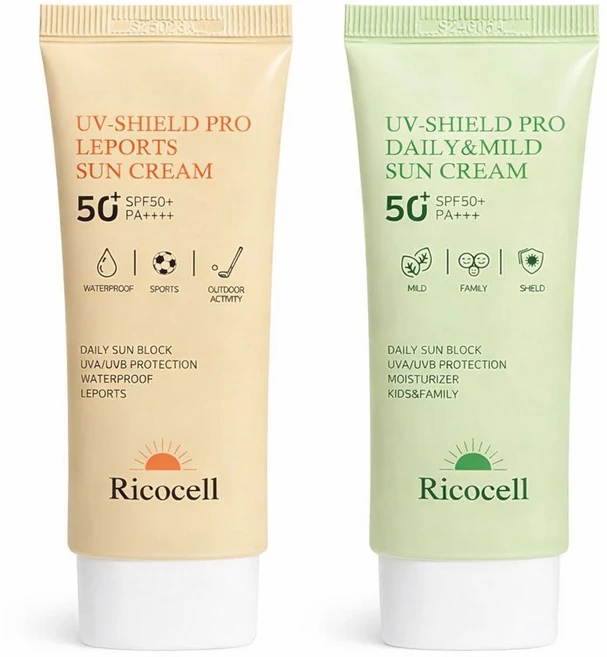 리코셀 유브이 쉴드 프로 레포츠 선크림 (SPF50+ PA++++) 데일리 앤 마일드 선크림 (SPF50+ PA+++) 70ml 각 1+1, 1개, 140ml - 쿠팡