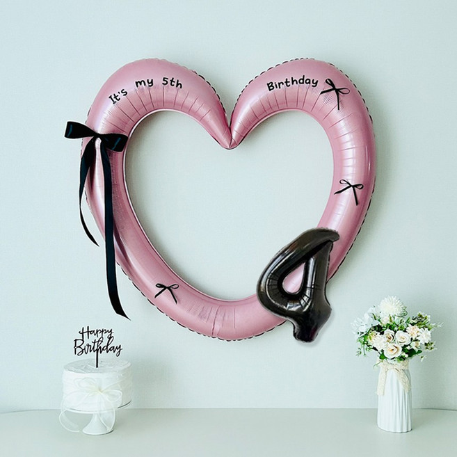 연지마켓 생일 하트프레임풍선 블랙 숫자 생일파티 용품 세트 (자유레터링), 1세트, 핑크하트 숫자 4