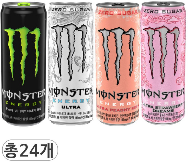 코카콜라 몬스터 에너지 그린 & 울트라 & 피치 & 스트로베리 드림즈 4종 혼합세트, 24개입, 355ml