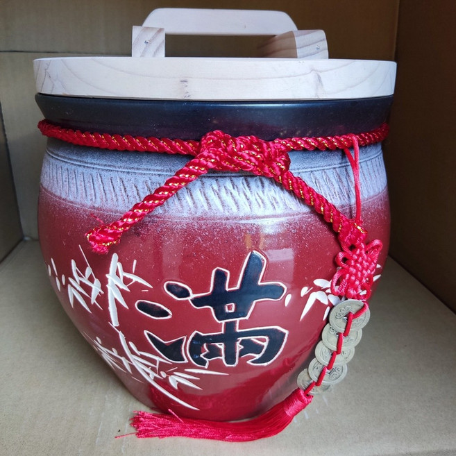 鵬宗小舖 10斤960元 紅滿/紅財 鶯歌製造 陶瓷米甕/米缸/米桶/聚寶盆（附贈木蓋、紅繩，五帝錢), 5斤紅滿, 1個