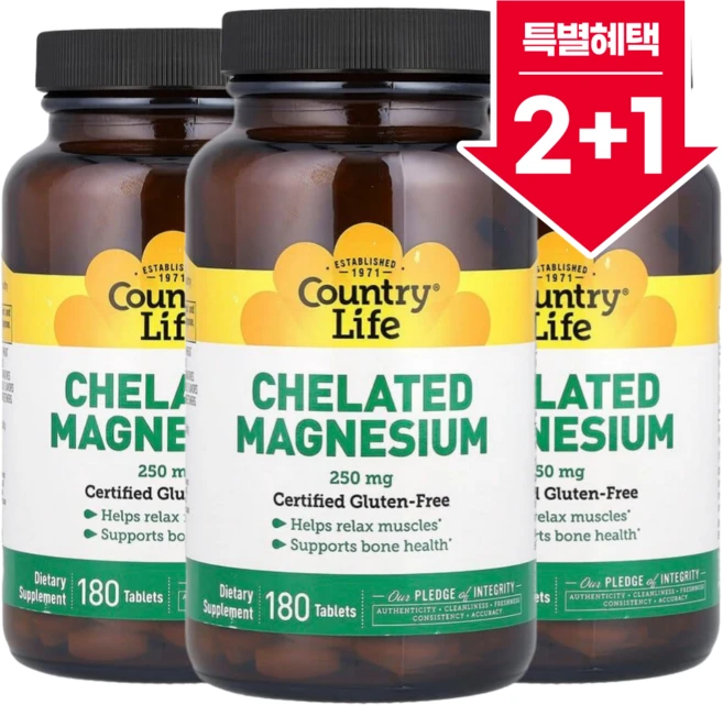 [2+1] 컨트리라이프 킬레이트화 마그네슘 250mg 코셔 180정 / 해외직구 미국정품, 3개 - 쿠팡
