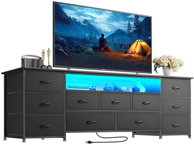 HUUGER 65 70인치 TV용 대형 TV 센터 가죽 11개의 서랍 롱 엔터테인먼트 LED PU 및 전원 표면이 공간이 조명이 콘센트 스탠드 수납 있는 드레서
