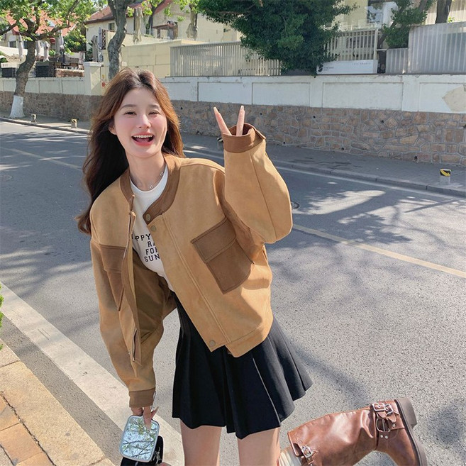 봄 가을 여성 스웨이드 코트 캐주얼 간절기 코트 루즈핏 기질 빈티지 여자 카고 점퍼 LPC