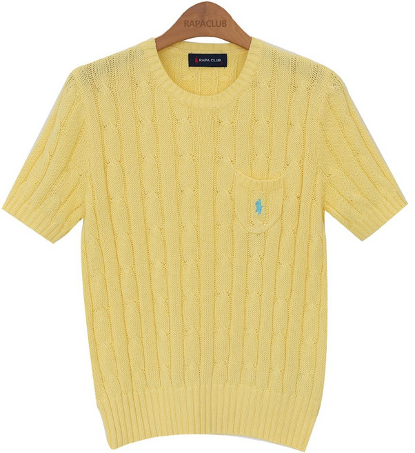 라파클럽 여성 포켓 케이블 꽈배기 면 100% 반팔 여름 니트 스웨터