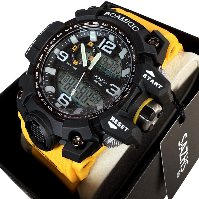 스포츠시계 SZ-5020 입학선물 학생시계 전자시계 군인시계 알람 시계 남성 손목시계 방수 백라이트 스톱워치 스포츠시계 아웃도어 운동시계, SZ-5020/옐로우, 1개