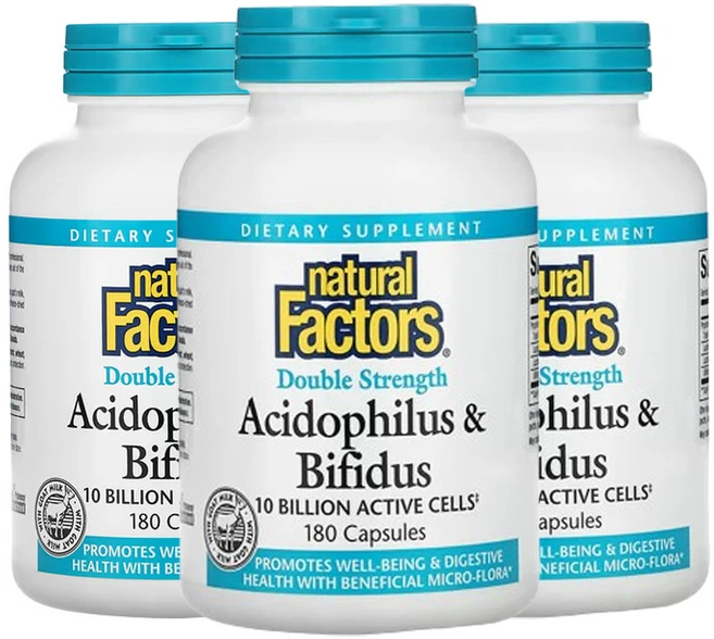 네추럴팩터스 애시도필러스 & 비피더스 더블 스트렝스 100억 개 활성 세포 캡슐 180정, 3팩 - 쿠팡