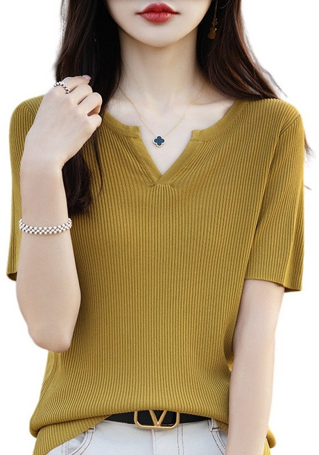 여성용 브이넥 골지 쿨냉감 반팔 니트 티셔츠 슬림핏 부드러운 여름 데일리 F5304