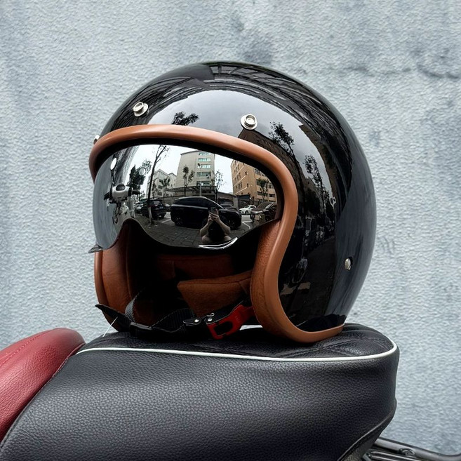 레트로 빈티지 헬멧 소두핏 크랭크 오토바이 경량 헬기 반모 스쿠터 내시경, 광택검정-코팅거울