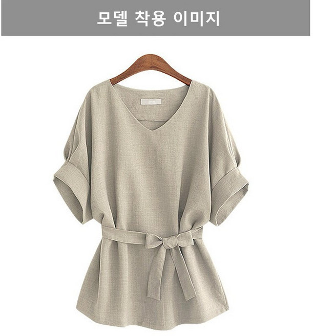 jimiao 여성 면마 티셔츠 여성 여름 블라우스 허리끈 여자 브이넥데일리티셔츠