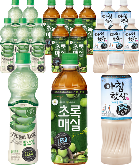 (쥬시마트)웅진식품 제로주스 3종세트[알로에 6개+아침햇살 6개+초록매실 6개], 18개, 500ml